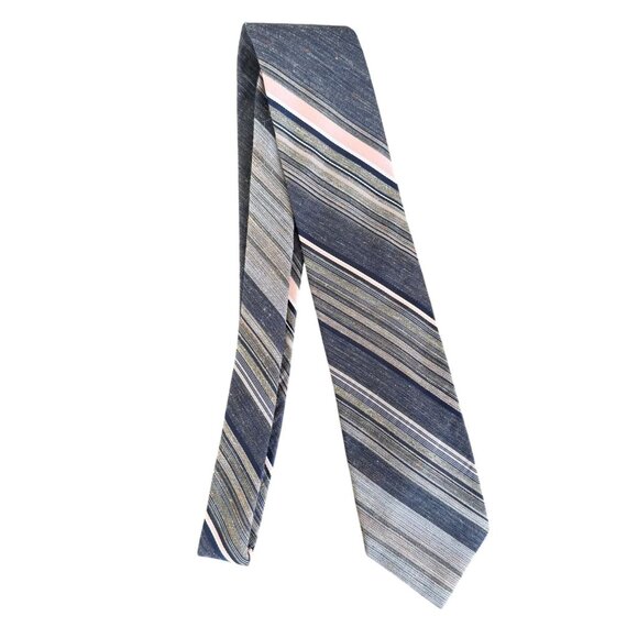 Vintage ACWA Union Made Mens Tie Blue Striped Polyester 56in L x 3in W Hand Sewn - Picture 1 of 5